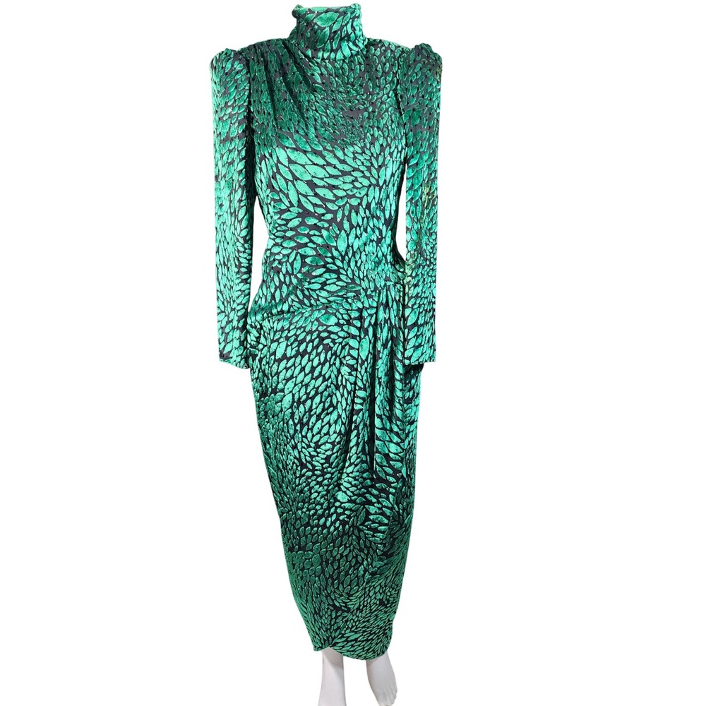Pat Richards Vintage Green Velvet Flocked Keyhole Back Gown Sheer Sleeve 80s